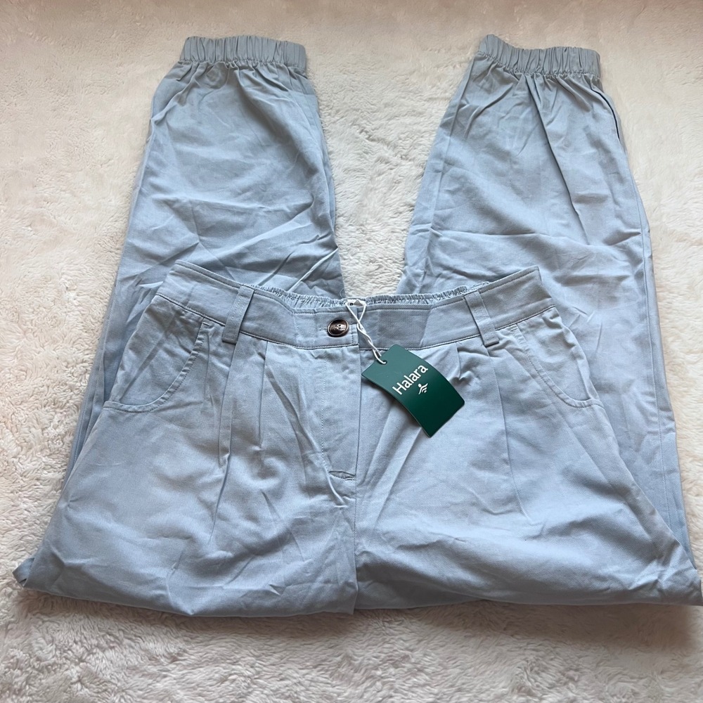 Halara Womens Light Blue 100% Cotton Pleated High Waist Jogger Pants Size M NEW